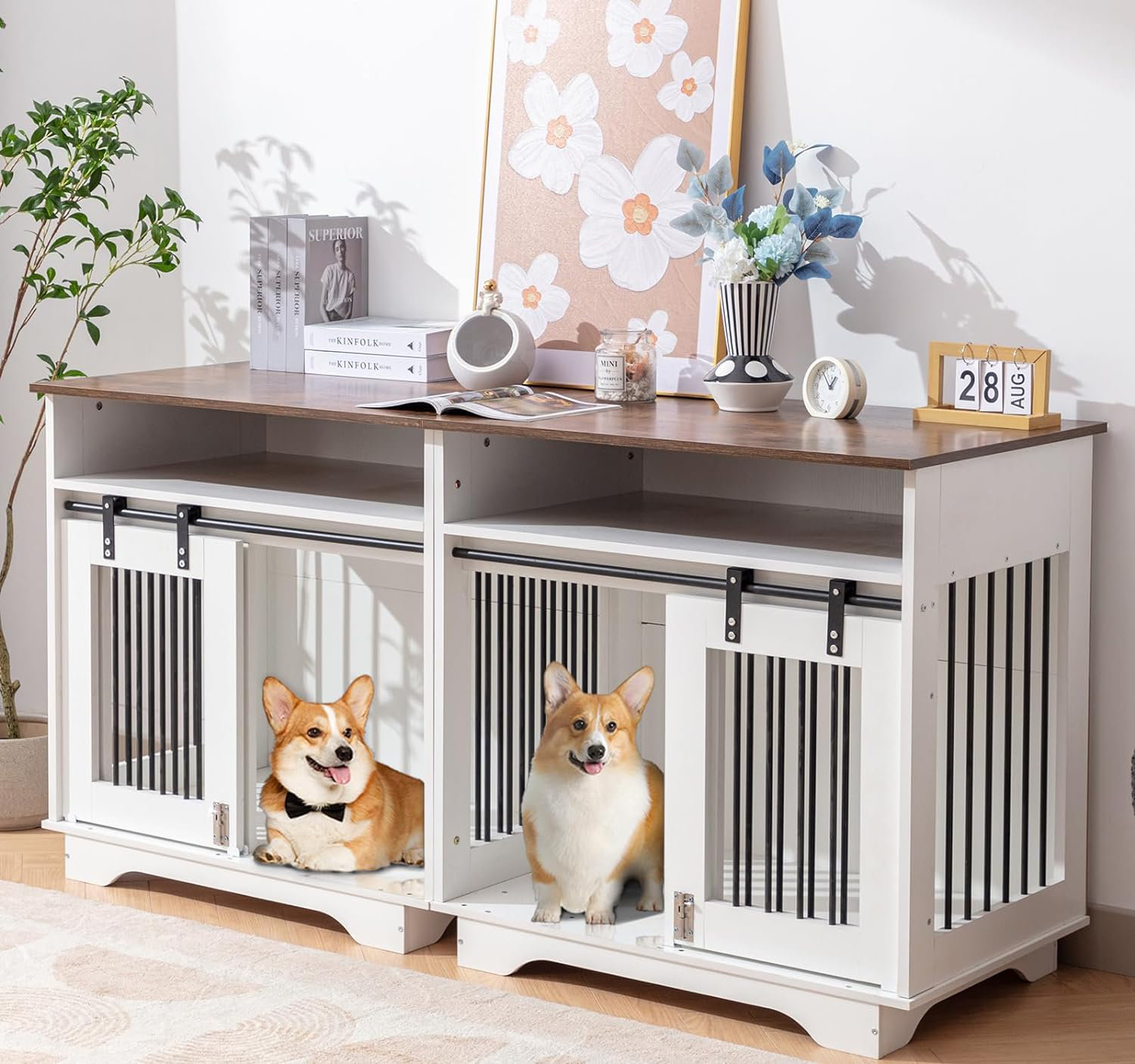 Tucker Murphy Pet 2 in 1 Furniture Style Dog Crate Wooden Dog Furniture End Table With Large Drawers Heavy Duty Dog Kennel With Sliding Doors